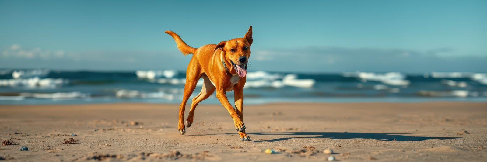 A vibrant orange-brown dog joyfully sprints across a sun-drenched beach